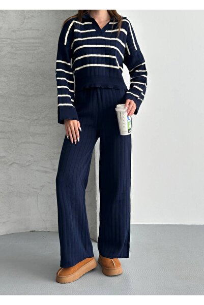 LE CARAMBOLE Жіночий синій поло з коміром-стійкою, смугастий светр, штани, трикотажний комплект