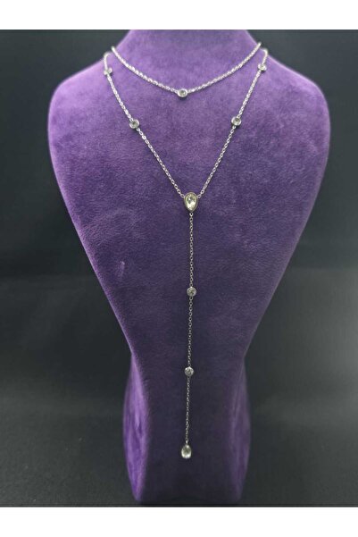 sarıyer silver Damla Model Zircon Stone Embroidered Water Drop Dangle Steel Necklace