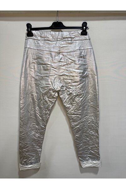 della moor Women's Silver Italian Leopard/Square Sequin Patchwork Faux Leather Pants