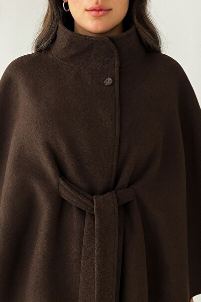 BEGBOR LİNGERİE Women's Brown Belted Cashmere Poncho – Stylish Winter Outerwear and Trend Oversized Model