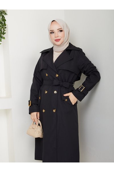 Zenyamoda Women's Black Trench Coat with Buttons on the Back