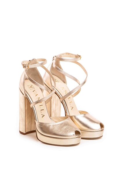 Vanilla Days Sandale Fabiana aurii cu toc gros, din piele naturală