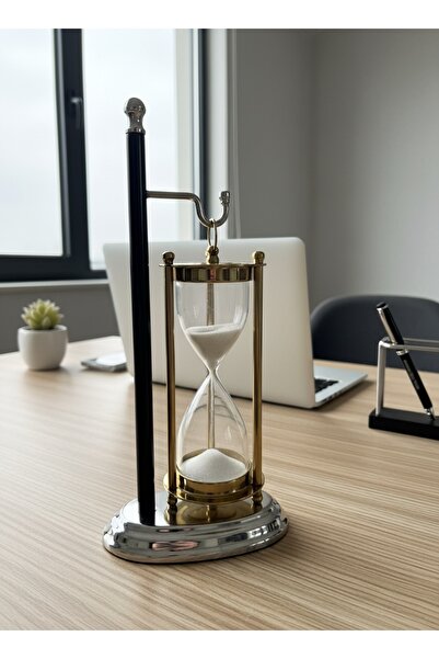 EVLE Siyah Standlı Askılı Kum Saati 28 cm Altın Gümüş Detaylı Beyaz Kumlu Dek...