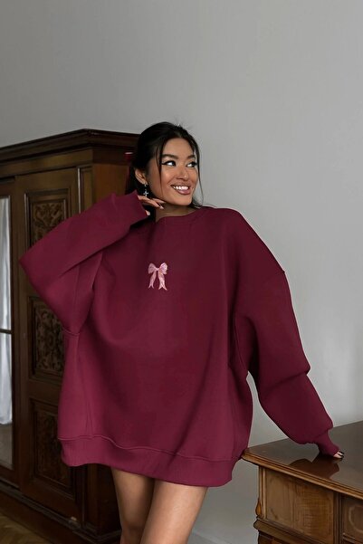 The Champ Clothing Γυναικείο φόρεμα oversized Sweat Pink Ribbon με τύπωμα Burgundy – Crew Neck, 3 Thread Ş επένδυση fleece Fleece