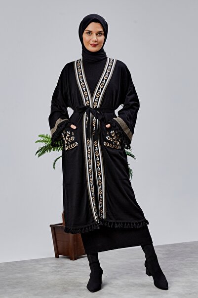 CNR TEKSTİL Ethnic Patterned Tassel Tricot Kimono