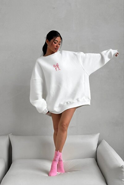 The Champ Clothing Γυναικείο φόρεμα oversized Sweat Pink Ribbon με τύπωμα White – Crew Neck, 3 Thread Ş επένδυση fleece Fleece