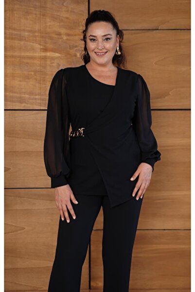 Butik Nilyam Women's Plus Size Double-Breasted Collar Chiffon Sleeve Chain Brooch Detailed Blouse 25008 Black