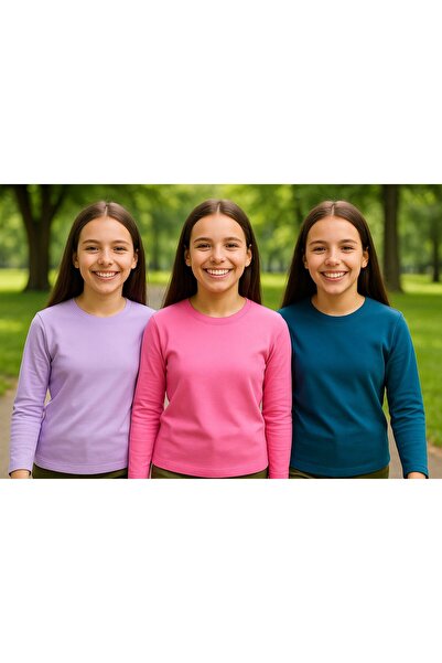 Mcr Дълъг ръкав Цветни основни сезонни момичешки и момчешки дългоръкавни тениски Badi 3 броя лилаво розово индиго