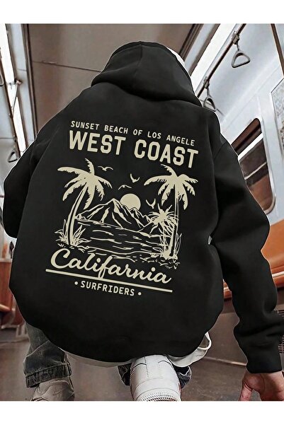 ship master هوديي للجنسين Y2K West Coast مطبوع بغطاء رأس - نمط كاليفورنيا بالم قصة فضفاضة شتاء بغطاء رأس