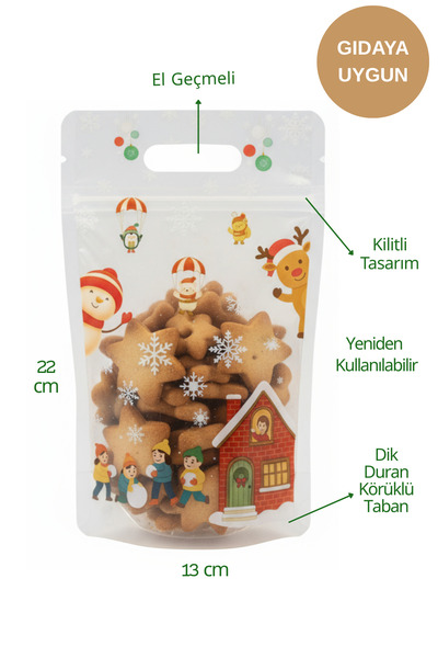 Dekals 10 Adet Yılbaşı Temalı Dik Duran Tutma Saplı Şeffaf Kilitli Doypack Hediye Poşeti