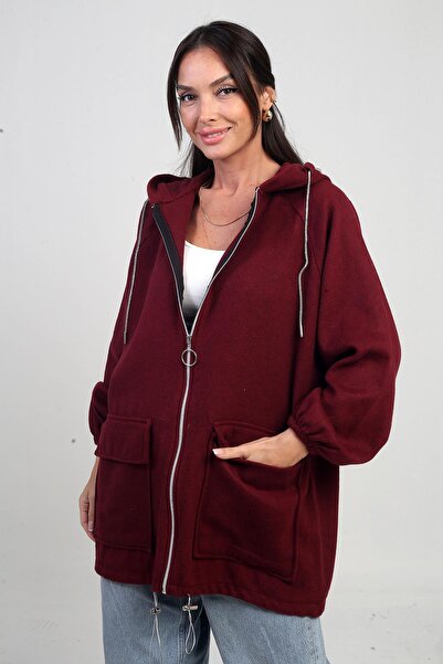 By Saygı Women's Front Zippered Cardigan with Pocket and Shiny String Detail K Hooded Kaşe Cardigan