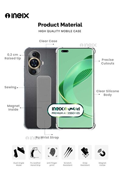 ineix 3-in-1 Magnetic Wrist Strap Hand Grip Stand Cover for Huawei Nova 11 Pro