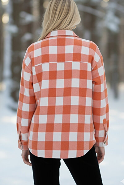 Chiccy Orange-White Shirt Plaid with Shirt Collar Cuffed Sleeves Double Flap Pockets Thick Oversized Woven Shirt 68 66