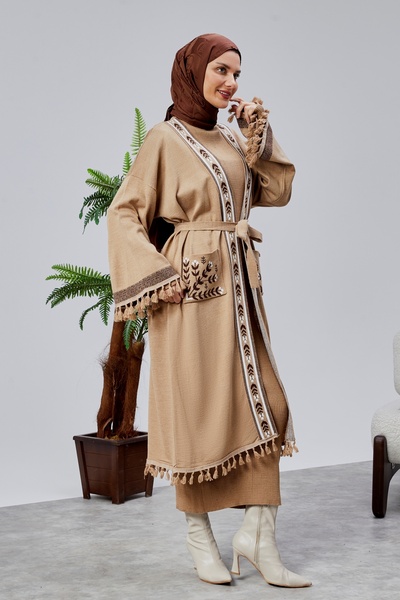 CNR TEKSTİL Ethnic Patterned Tassel Tricot Kimono