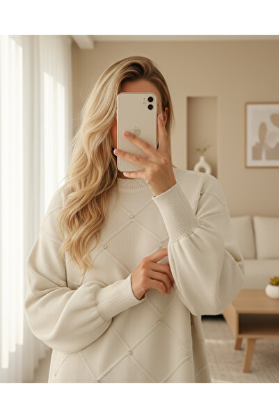 MissRunin Taş Detaylı Kare Desenli Triko Tunik