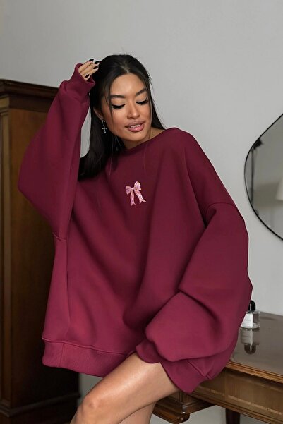 The Champ Clothing Γυναικείο φόρεμα oversized Sweat Pink Ribbon με τύπωμα Burgundy – Crew Neck, 3 Thread Ş επένδυση fleece Fleece