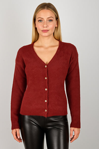 Minora Minoralady Women's Burgundy Basic V-Neck Soft Textured Bearded Cardigan