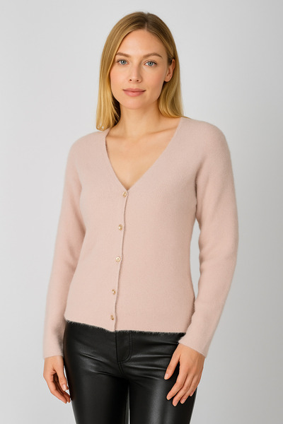 Minora Minoralady Women's Powder Basic V-Neck Soft Textured Bearded Cardigan