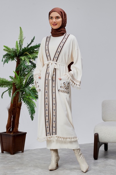 CNR TEKSTİL Ethnic Patterned Tassel Tricot Kimono