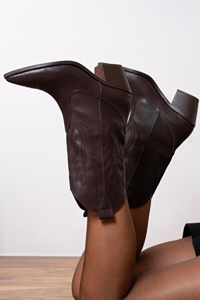 sovrana Embroidered Detailed Cowboy Boots Bitter Brown