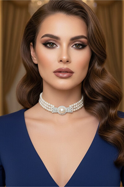 Happyline İncili gümüş kaplama krem inci tasma choker kolye özel tasarım koly...