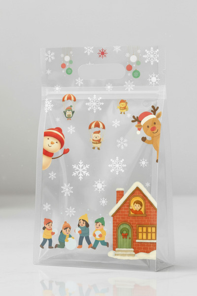 Dekals 10 Adet Yılbaşı Temalı Dik Duran Tutma Saplı Şeffaf Kilitli Doypack Hediye Poşeti