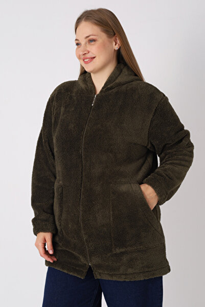 İntensive Khaki Women's Plus Size Soft Plush Sweatshirt with Hooded Zipper Pockets