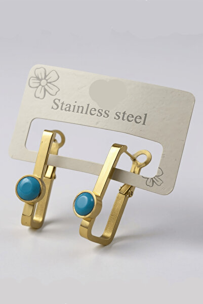 TAKIŞTIR Gold Color Blue Stone Detailed Steel Earrings (Pair)
