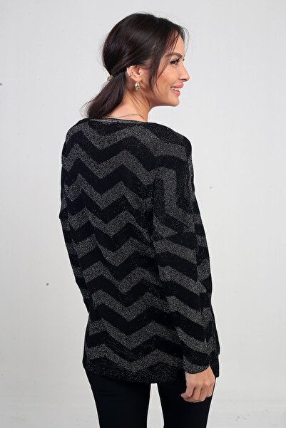 By Saygı Women's V-Neck Zigzag Patterned Plus Size Intermittent Glitter Blouse