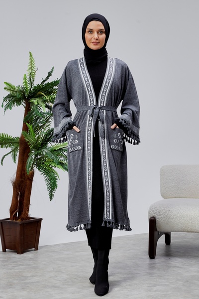 CNR TEKSTİL Ethnic Patterned Tassel Tricot Kimono