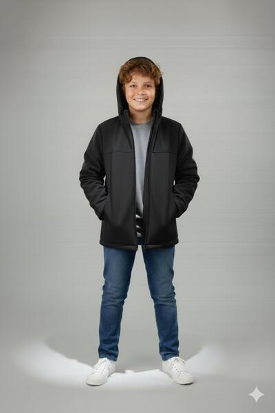 ASYAKİDS CLUB Boy's Hooded Zippered Mock Neck Water and Windproof Softshell Coat