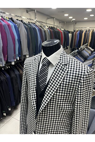 MASSARO Combined Gray Checked Slimfit Yel Vest Set Kim (Jacket Is Straight or Checked. Pant Vest Solid Color)