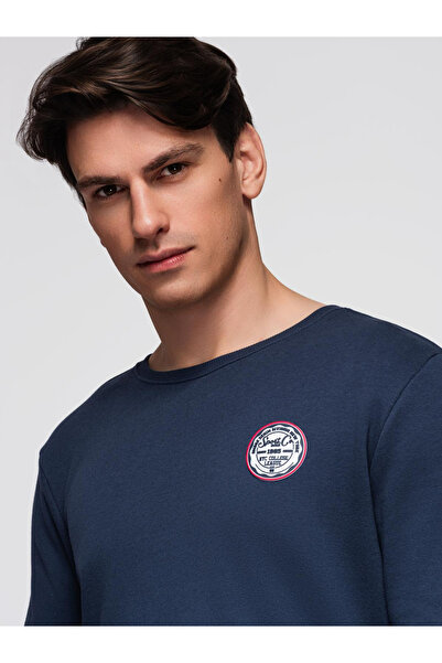 OMBRE Pánská mikina s kulatým výstřihem a výšivkou - tmavě modrá V2 B1713
