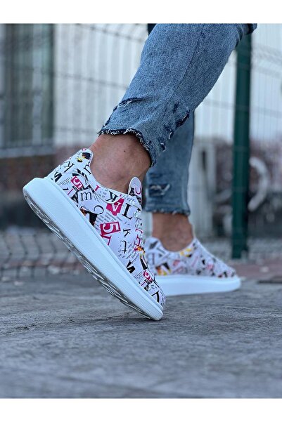 Lucy Shoes Yg501 Men's Casual Lace-Up Magazine Printed Volume Sports Sneaker Shoes Cbt - White