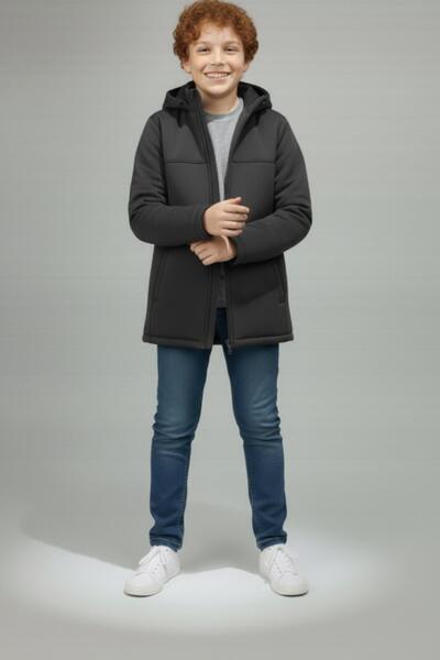 ASYAKİDS CLUB Boy's Hooded Zippered Mock Neck Water and Windproof Softshell Coat