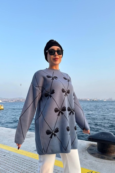 Kirazca Butik Women's Bow Patterned Stone Knitwear Tunic Sweater