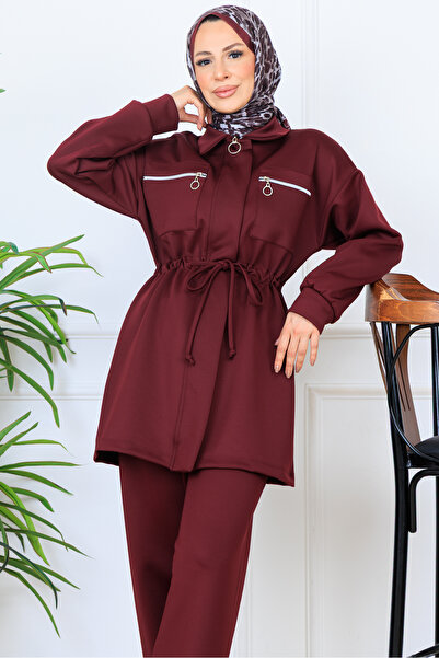 benguen Drawstring Waist Zippered Scuba Suit N5329 Burgundy