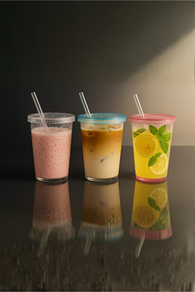 Orvila Transparent Glass Plastic Cup with Straw 500 ml – Water Droplet Pattern - Cold Drink Cup with Lid