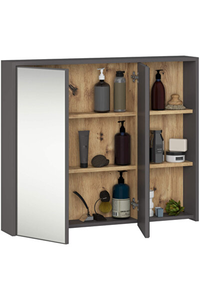 SERSIMO Wall-mounted bathroom cabinet with mirror, 2 doors and 3 interior shelves, 16 mm , 90x15x75 cm, gray