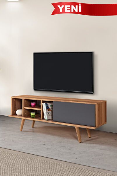Evmo Home 3331 Ela 130 Cm ( AHŞAP AYAKLI ) TV Ünitesi , Söğüt - Antrasit , Tv...