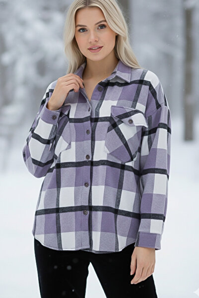 Chiccy Lilac Shirt Plaid with Shirt Collar Cuffed Sleeves Double Flap Pockets Thick Oversized Woven Shirt 68 66