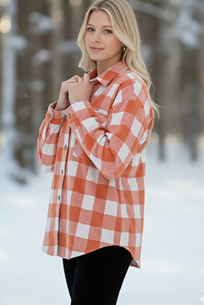 Chiccy Orange-White Shirt Plaid with Shirt Collar Cuffed Sleeves Double Flap Pockets Thick Oversized Woven Shirt 68 66