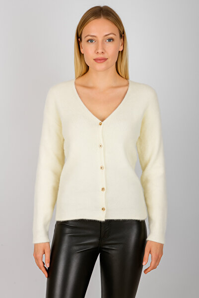 Minora Minoralady Women's Ecru Basic V-Neck Soft Textured Bearded Cardigan