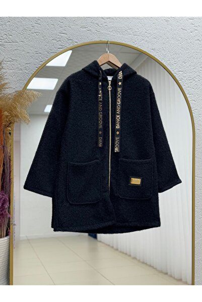 MİHRA STORE Aledra Hooded Double Pocket Zippered Cashmere Jacket-Zn4855 Black