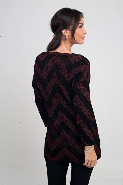 By Saygı Women's V-Neck Zigzag Patterned Plus Size Intermittent Glitter Blouse