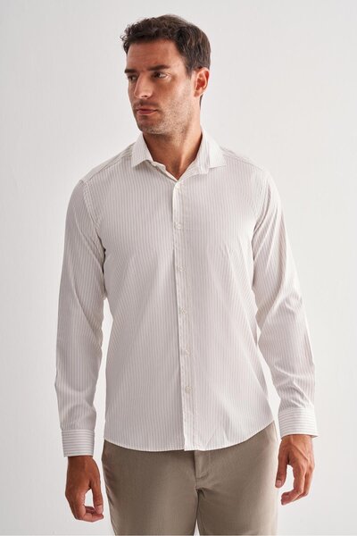 İmza Λευκό μισό-ιταλικό μακρυμάνικο πουκάμισο χωρίς τσέπες σε στενή γραμμή Cl...