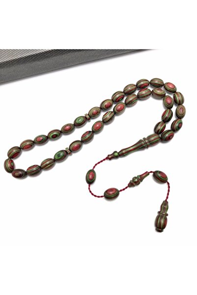 KANUNİ TESBİH Green and Red Patterned Camphor Wood Prayer Beads