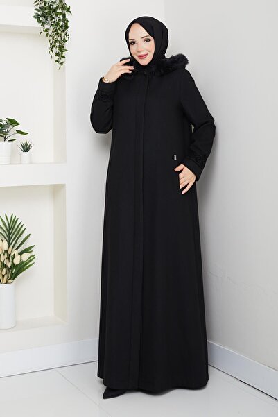 Doque Büyük Beden Siyah Kışlık Kaşe Kadın Pardesü Kapşonlu Akesim 58028