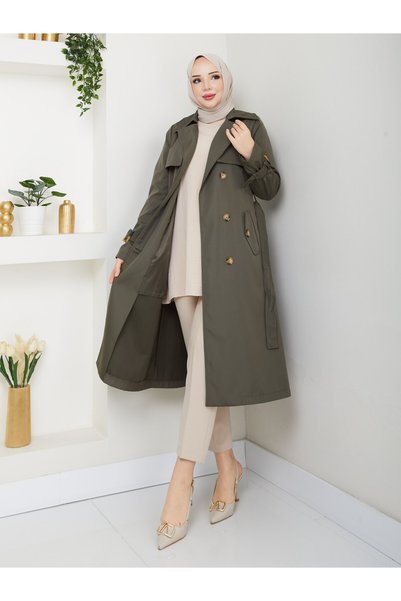 Zenyamoda Women's Khaki Trench Coat with Buttons on the Back