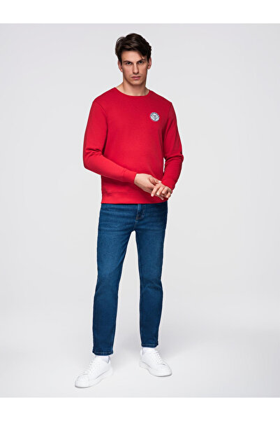 OMBRE Pánská mikina s kapucí, kulatým výstřihem a výšivkou - červená V1 B1713